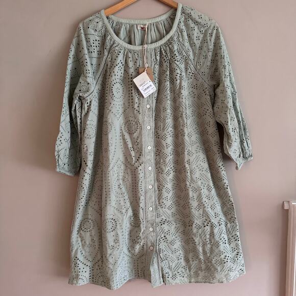 Faherty Valencia Eyelet Organic Cotton Dress in Green Sage Size Small New